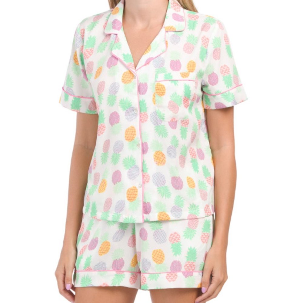 SIGRID OLSEN Pineapple Short Sleeve Notch Short Set